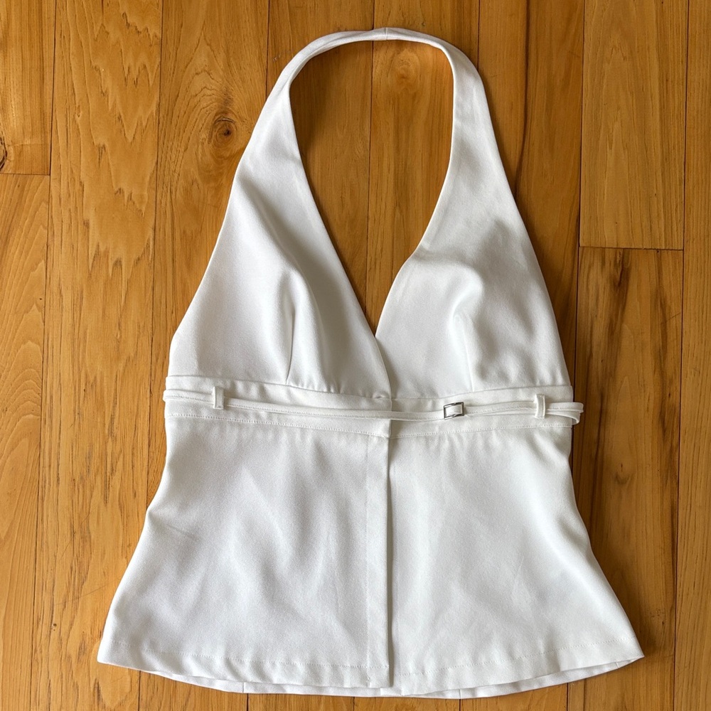 CIDER | White Chic Halter V-Neck Peplum Belted Minimalist Summer Top | Size M
